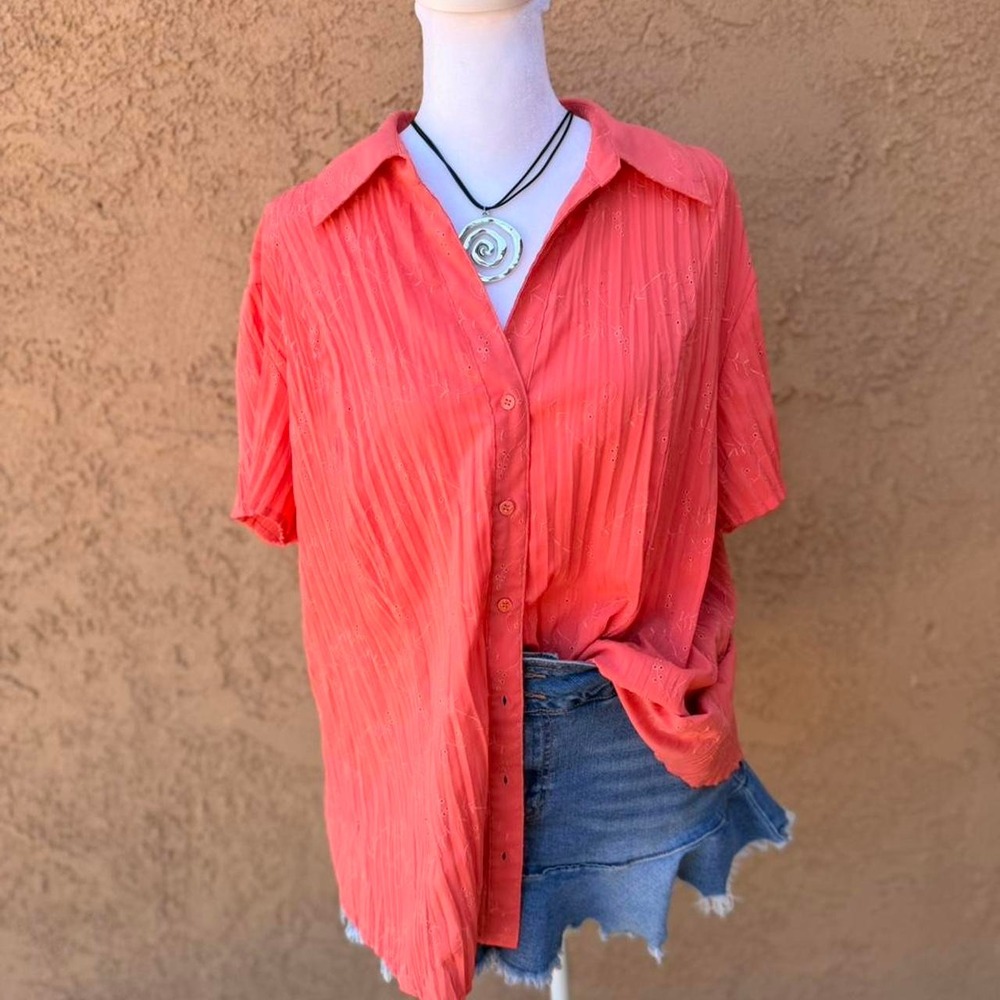 East 5th Woman orange button up blouse with embroidered flowers